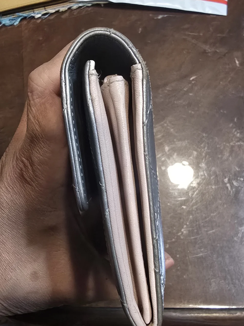 CHANEL Metallic Silver Quilted Leather Long Wallet with Black CC